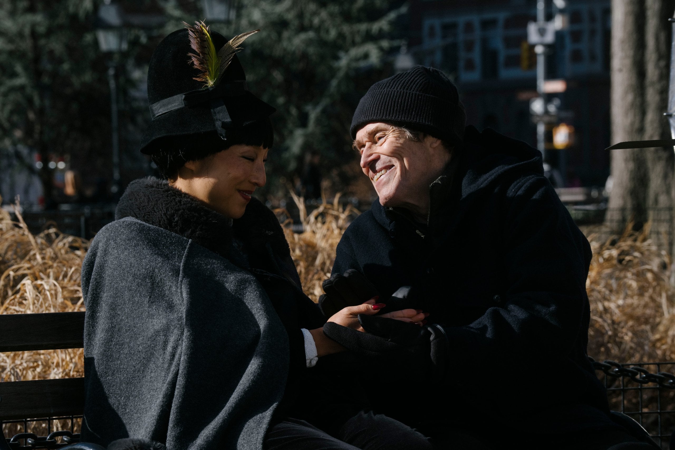 Greta Lee and Willem Defoe in "Late Fame".