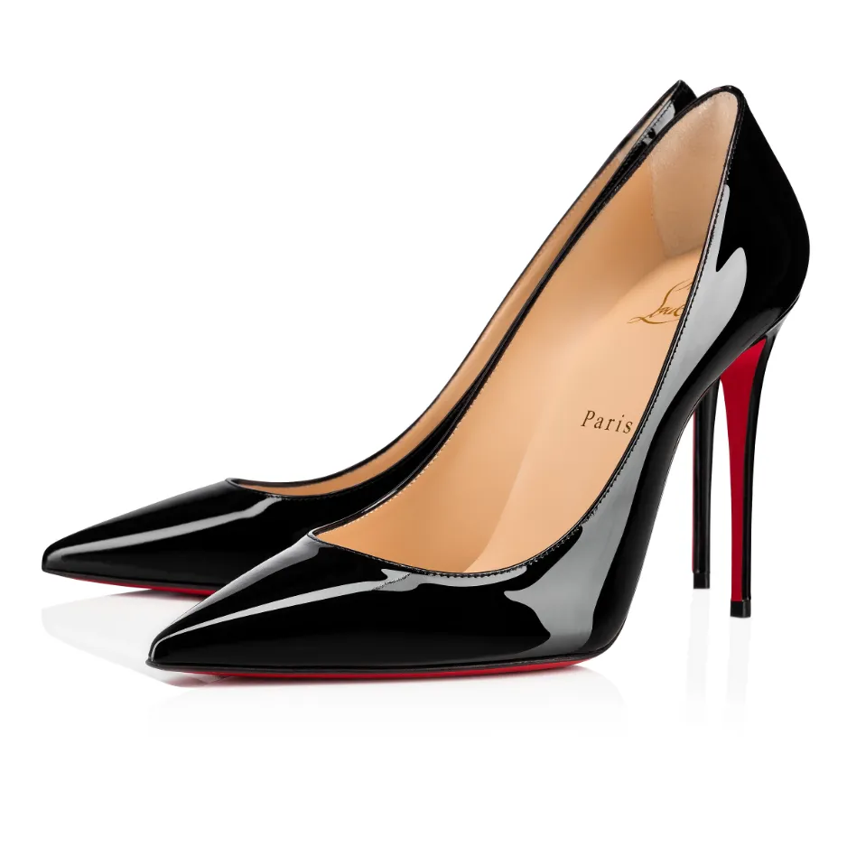 Black Christian Louboutin Kate 100 mm Pumps in patent calf leather against a white background.