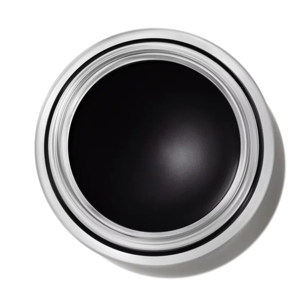 An open jar of MAC Chromaline Eyeliner in Black Black, a cream eyeliner, against a white background