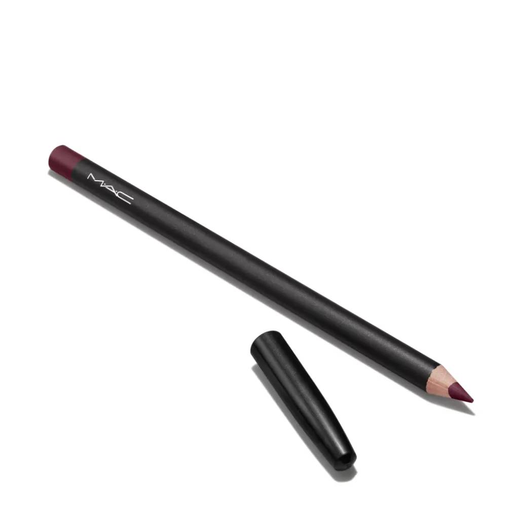 The MAC Lip Pencil in Vino, a deep purple shade, against a white background.
