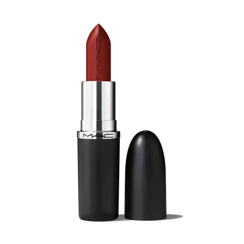 An open tube of MAC Macximal Silky Matte Lipstick in Dubonnet, a midtone wine, against a white background