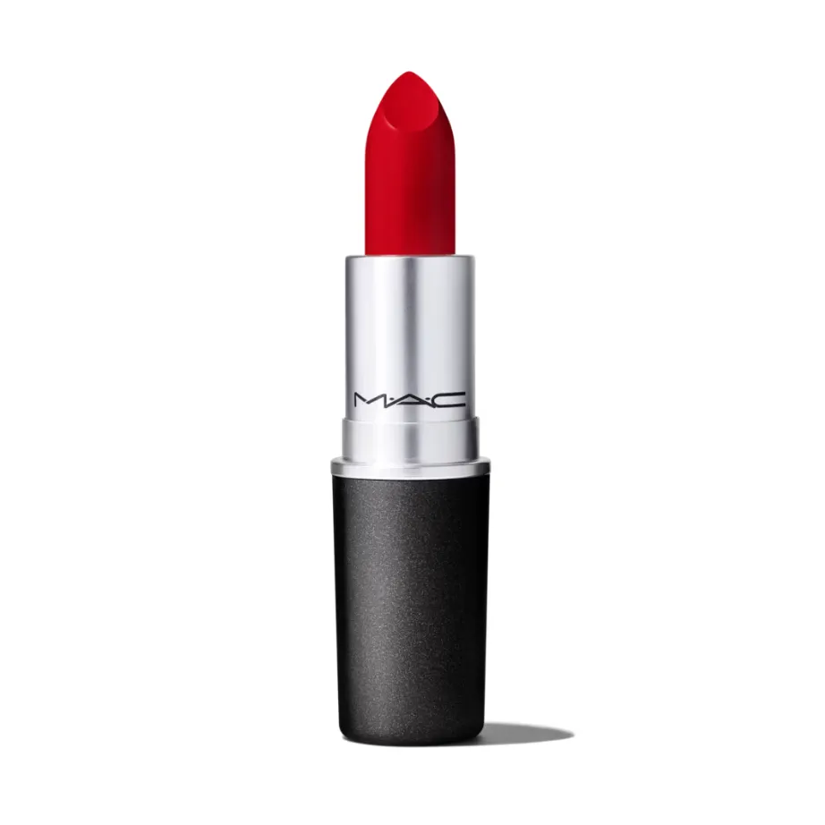 An open tube of MAC lipstick in Ruby Woo, a classic bright red shade