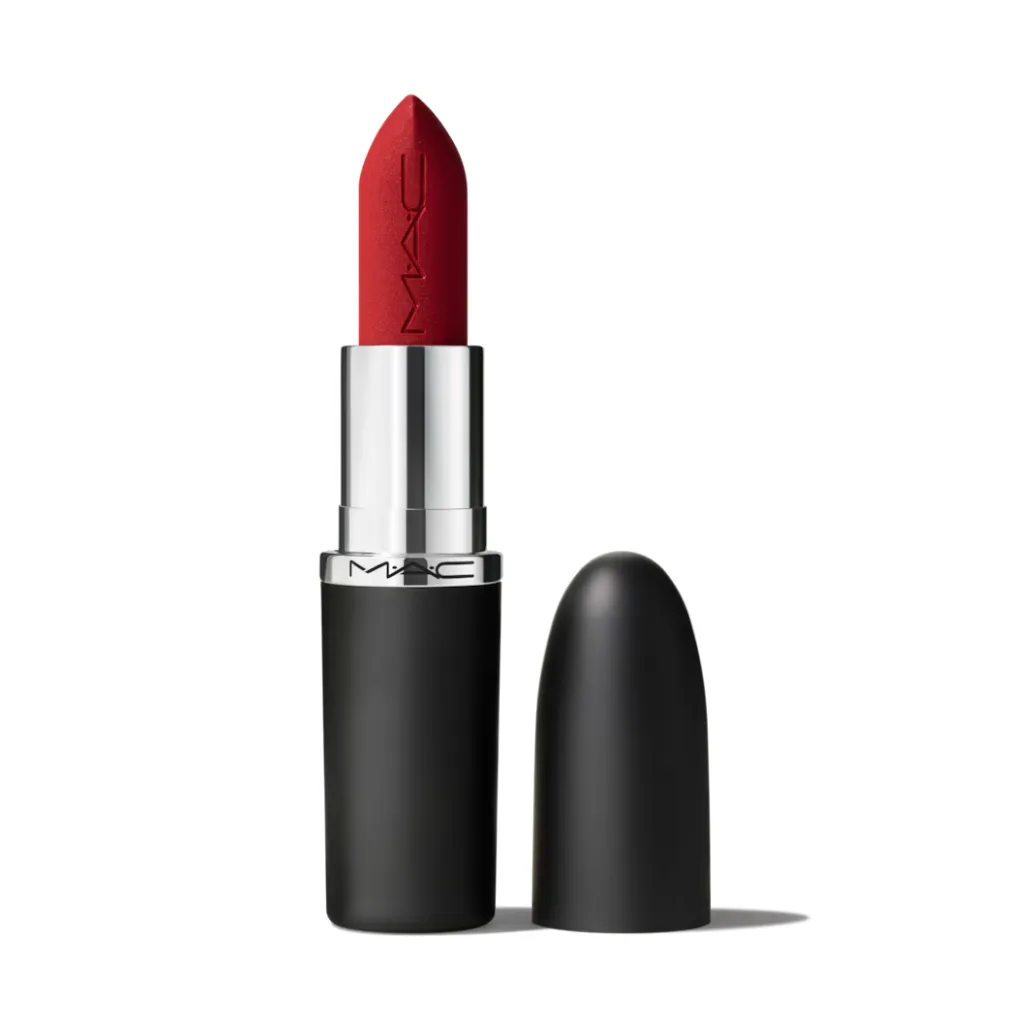 An open tube of MAC Russian Red liptick, a blue-red shade.