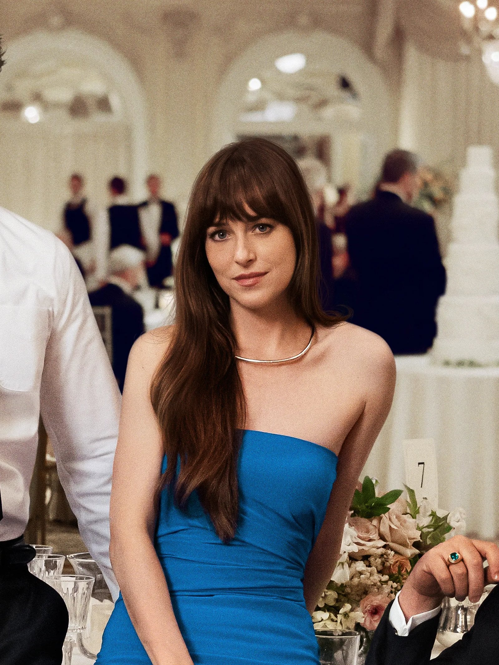 (L-R) Chris Evans, Dakota Johnson, and Pedro Pascal in "Materialists"