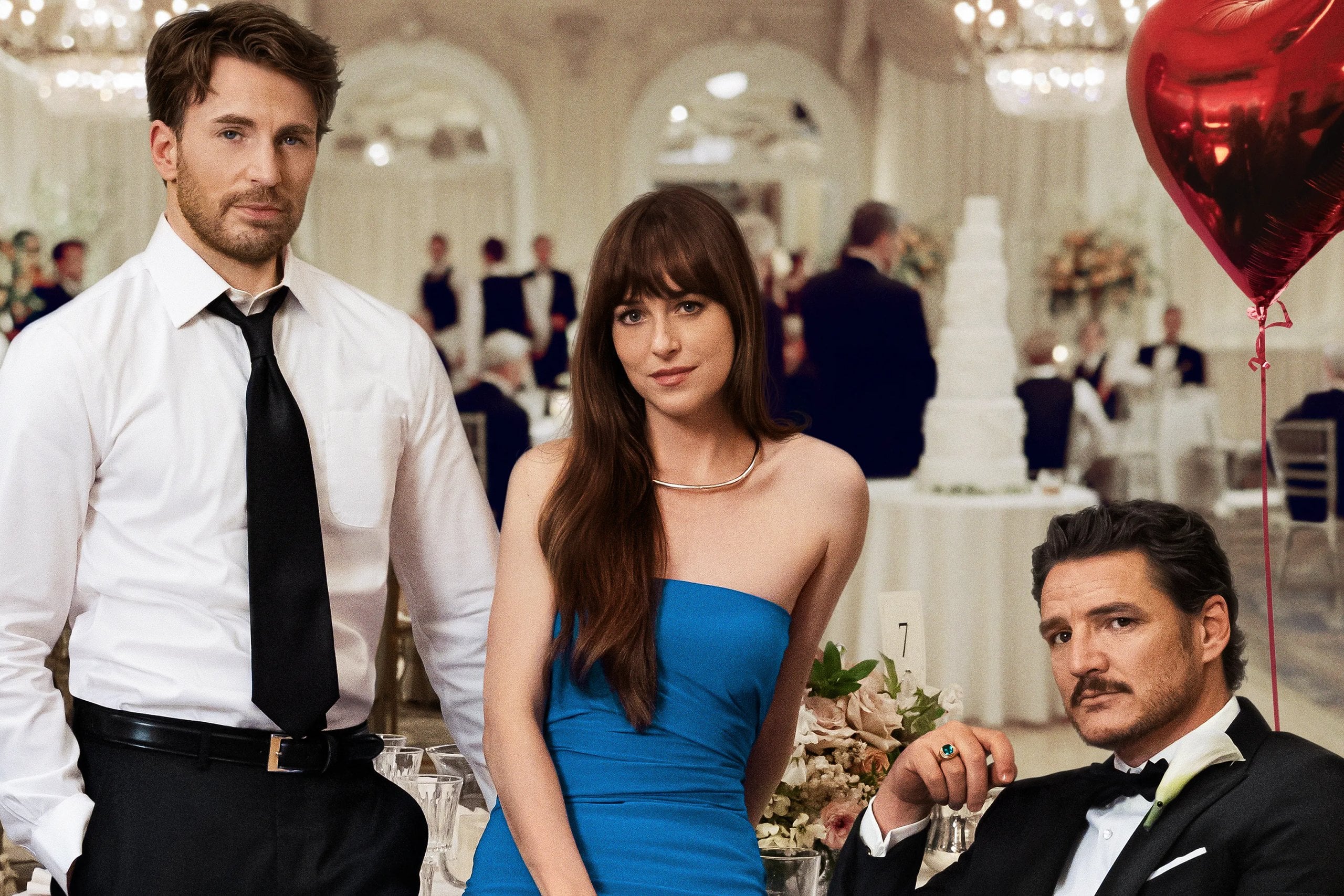 (L-R) Chris Evans, Dakota Johnson, and Pedro Pascal in "Materialists"