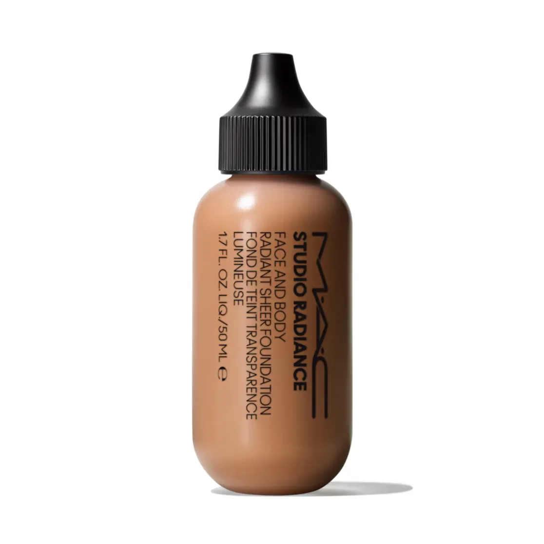 A bottle of MAC Studio Radiance Face and Body Radiant Sheer Foundation against a white background