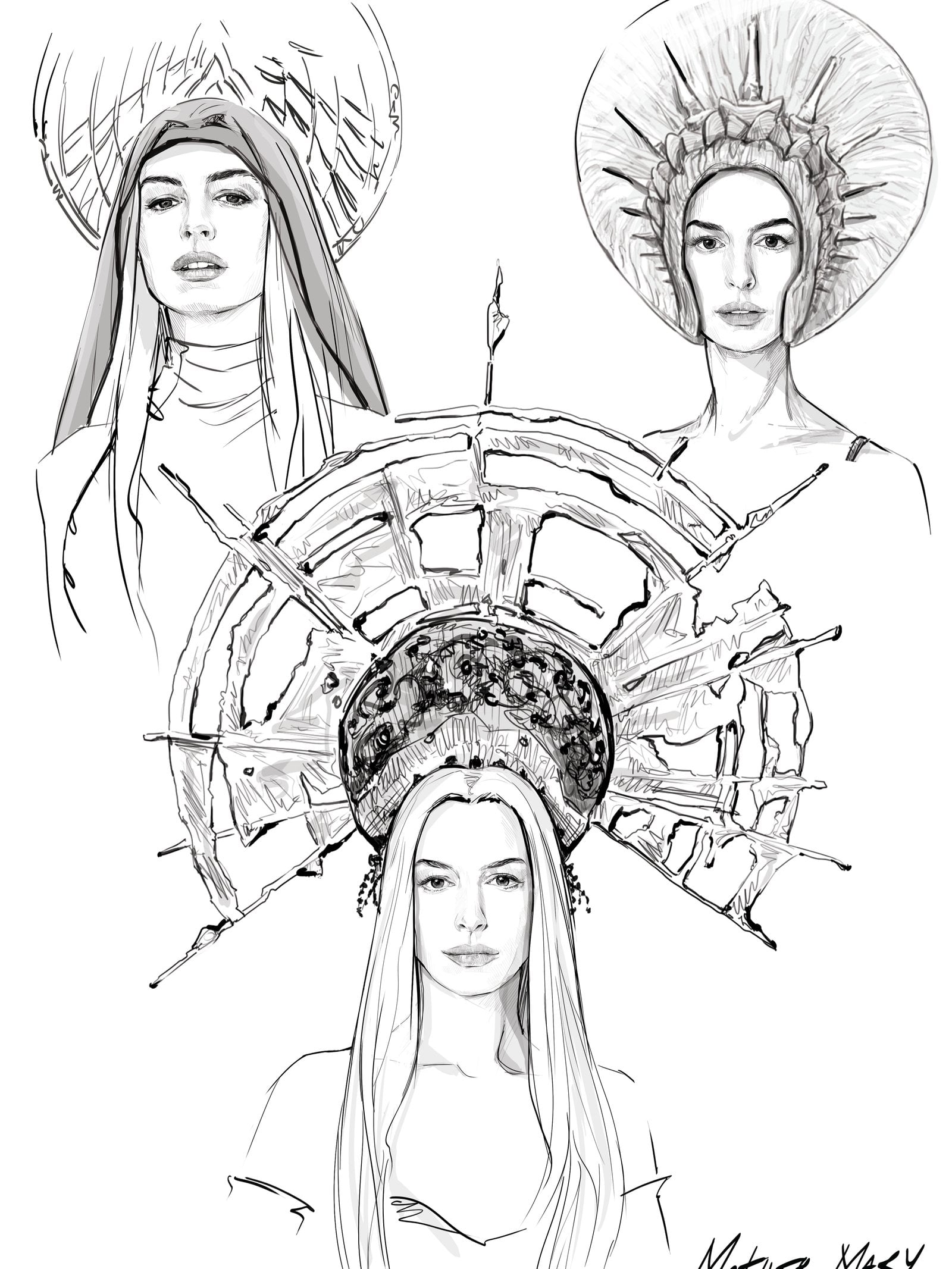Bina Daigeler sketches for the character's signature headpiece look.