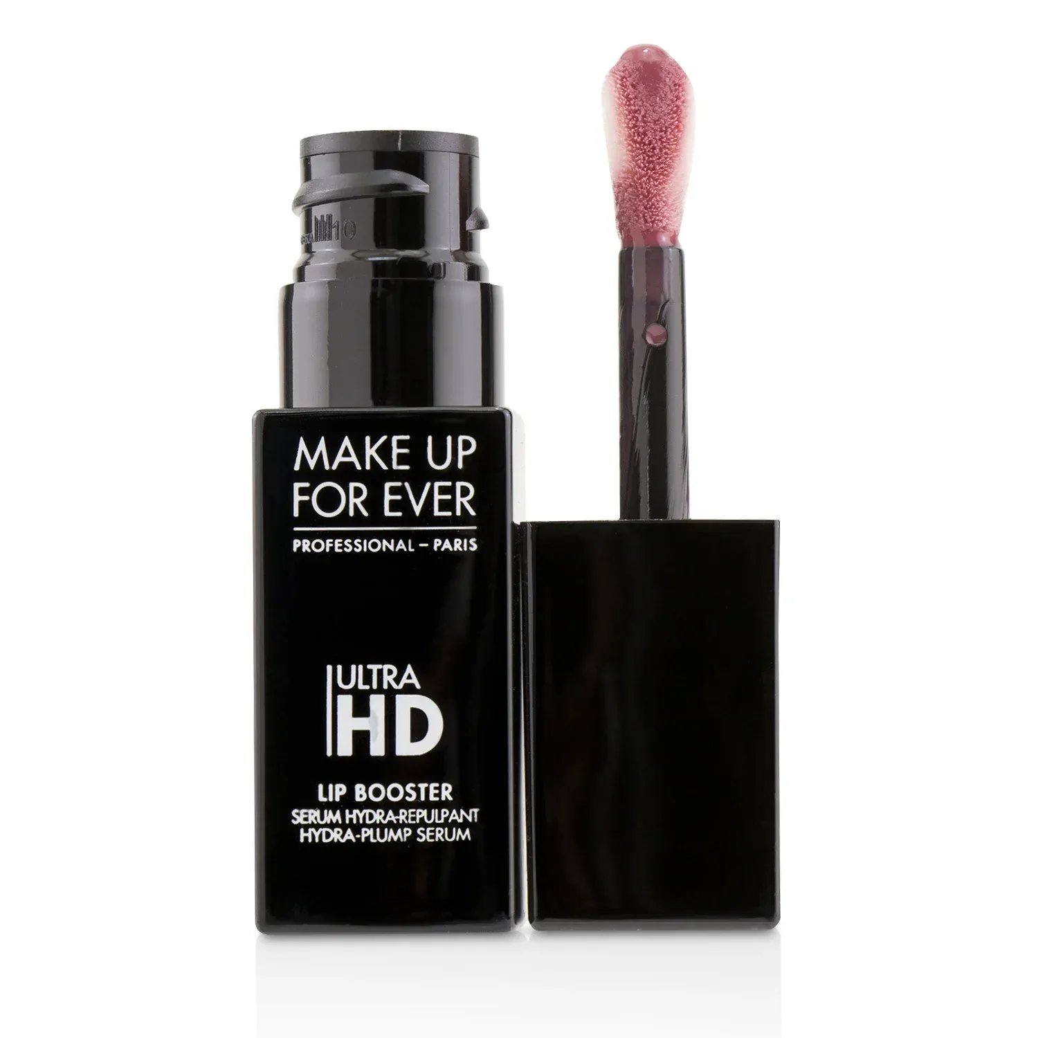 A black tube of pink lip gloss against a white background