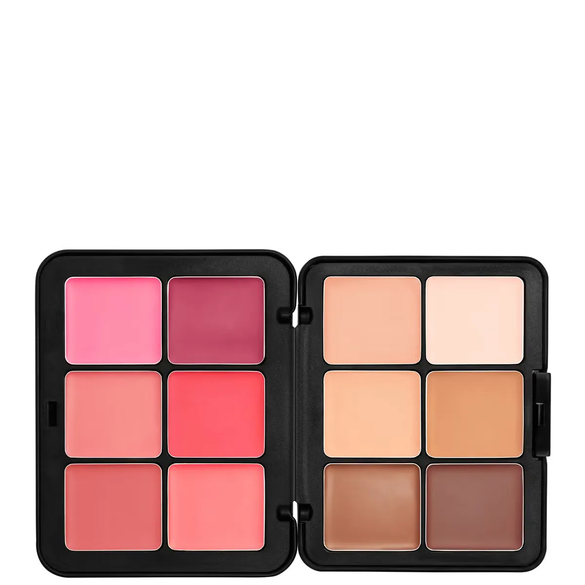 A two-sided makeup palette, one side full of pink blushes, the other side of concealers and contouring powders