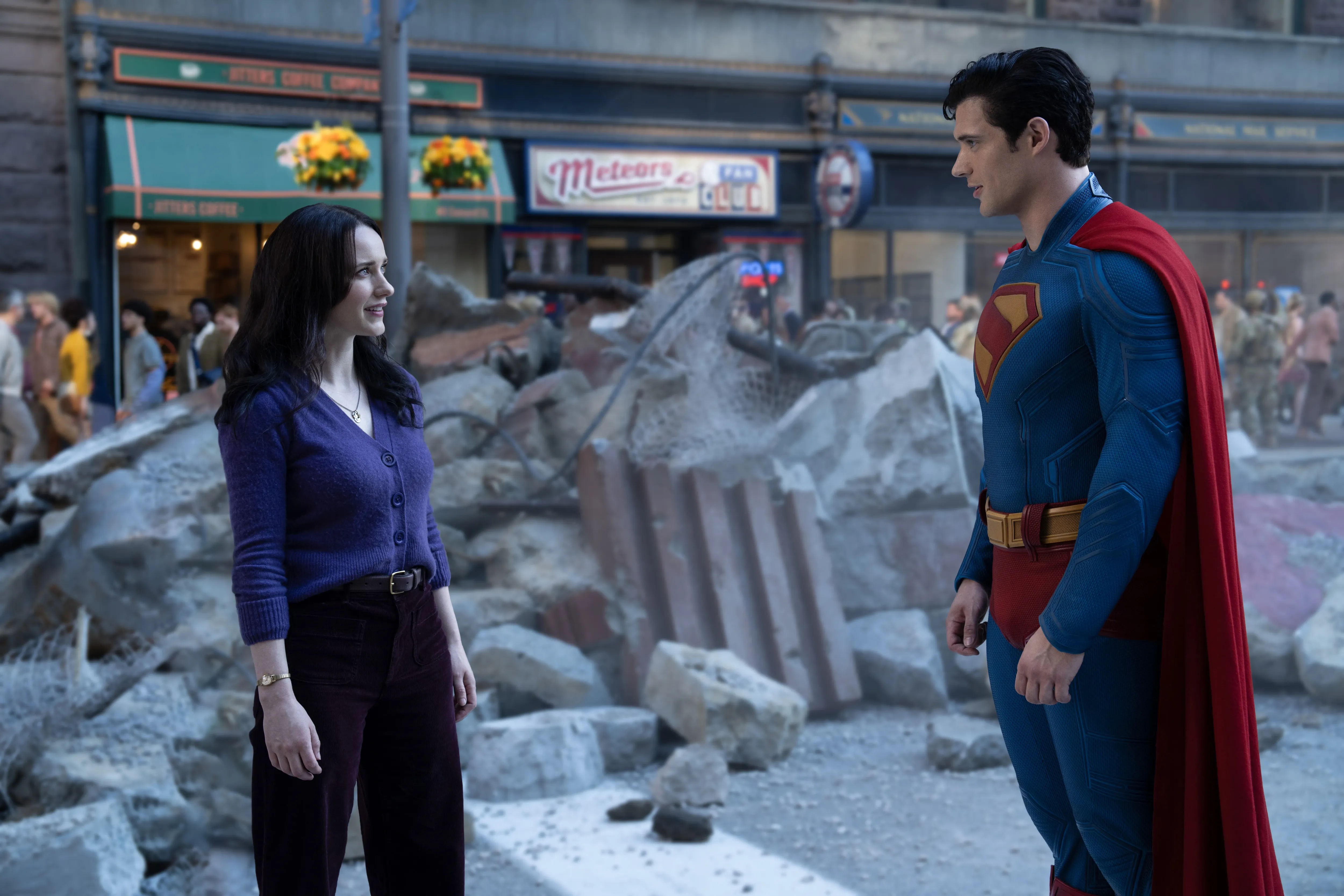 Rachel Brosnahan and David Corenswet in "Superman".