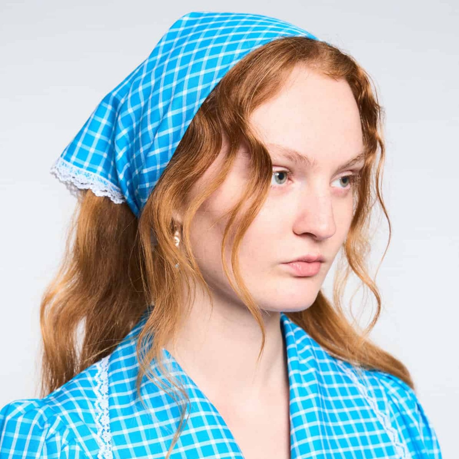 MaisonCleo Azure Blue Gingham cotton headscarf with lace
