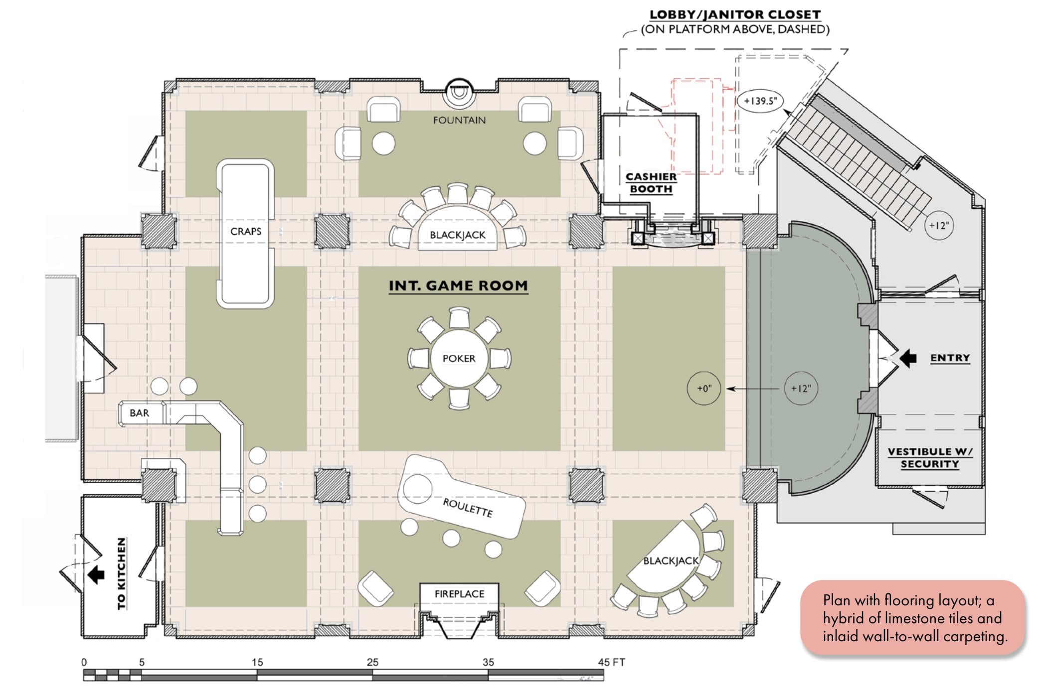 The floorplan for the underground casino room of the Arconia.