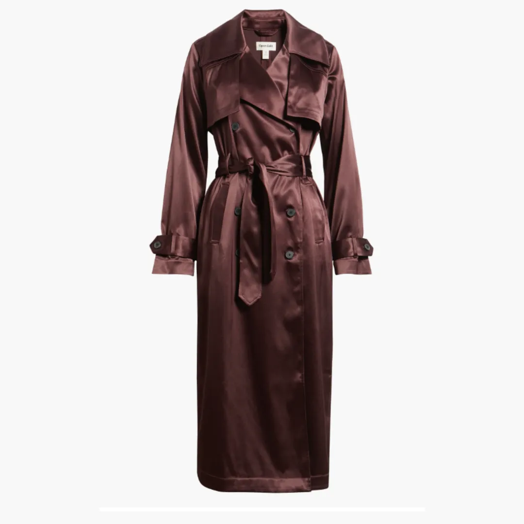 Open Edit Belted Satin Trench Jacket in a burgundy color against a white background
