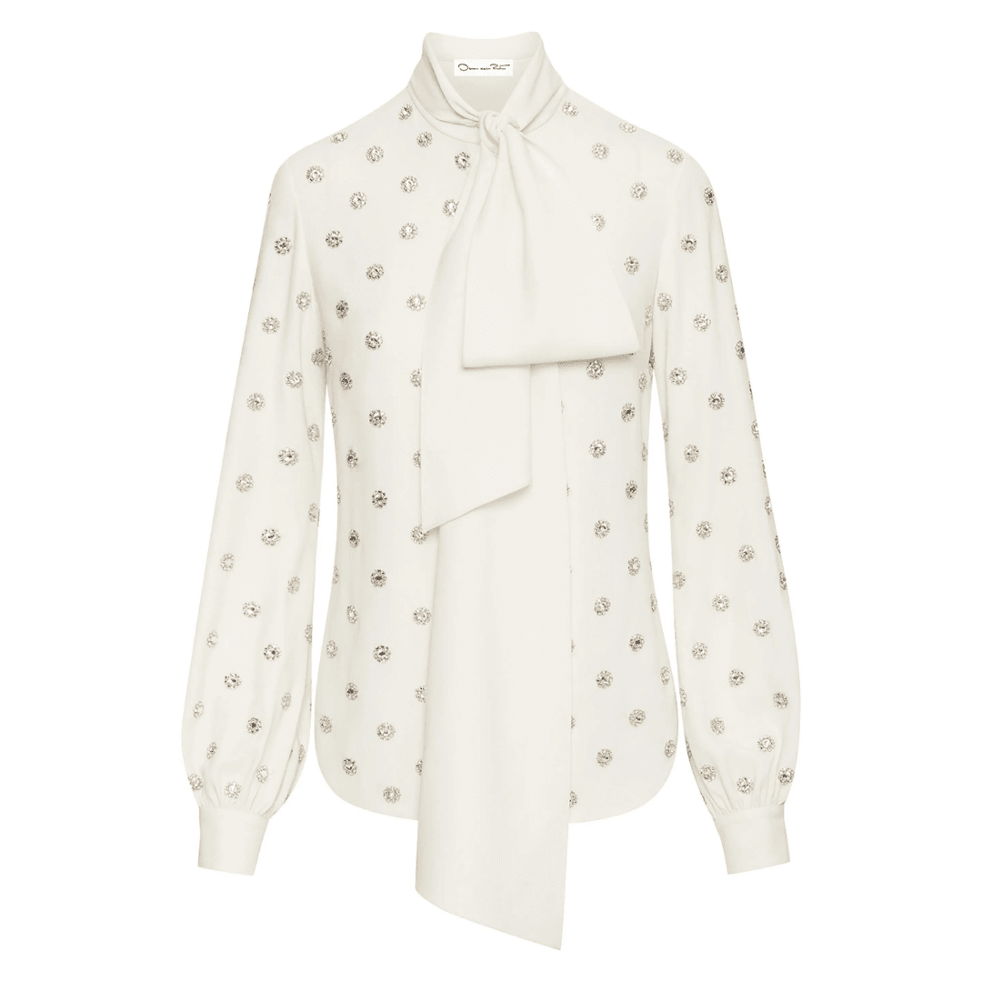 Oscar de la Renta crystal-embellished tie-neck blouse against a white background