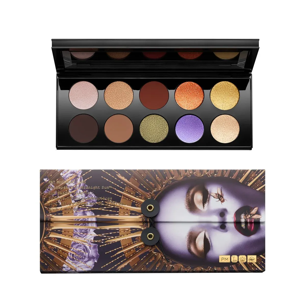 Pat McGrath Labs Mothership VI eyeshadow palette and case, against a white background. The palette is open, showing off its 10 circular eye shadow powders.