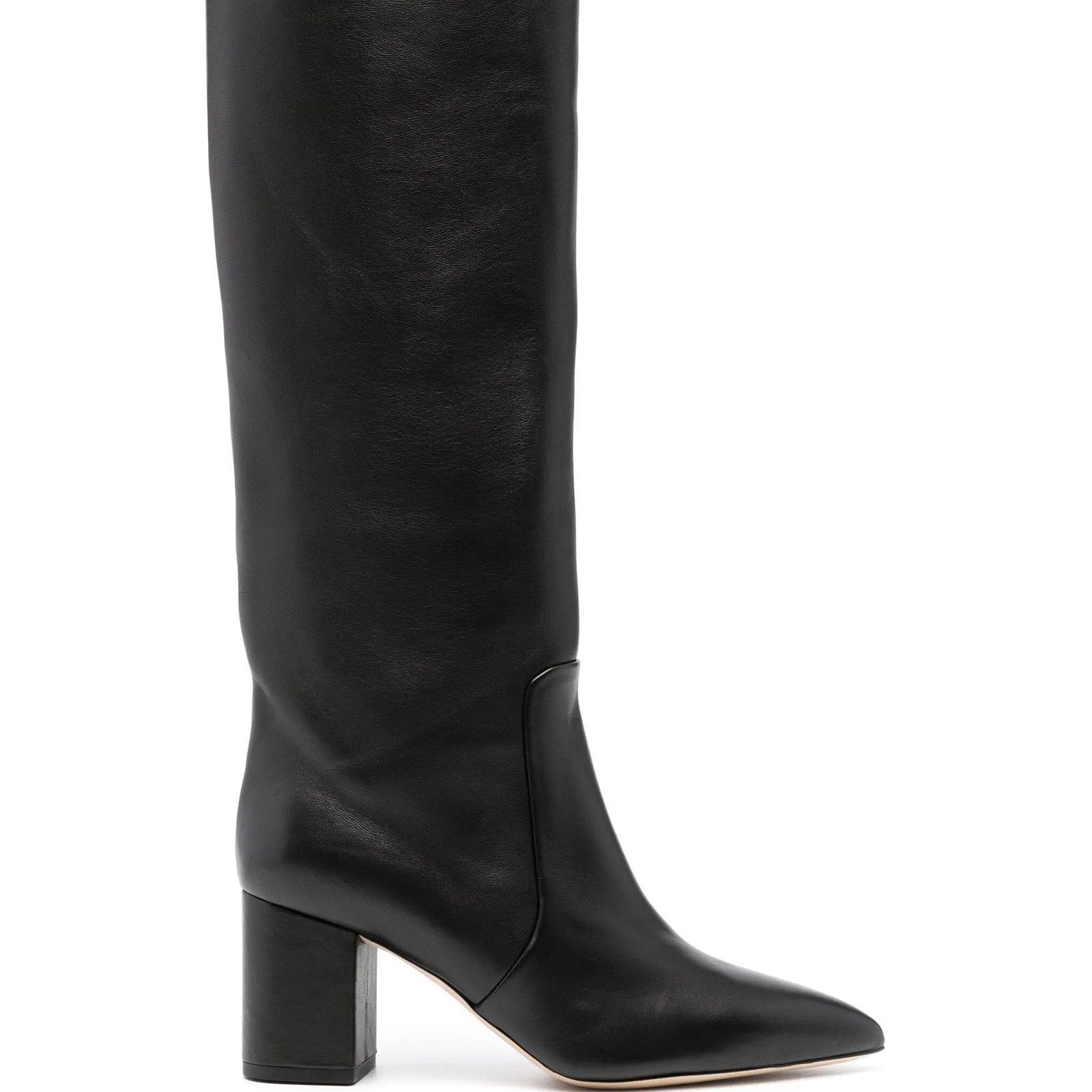 Black knee-high boots with a low heel against a white background