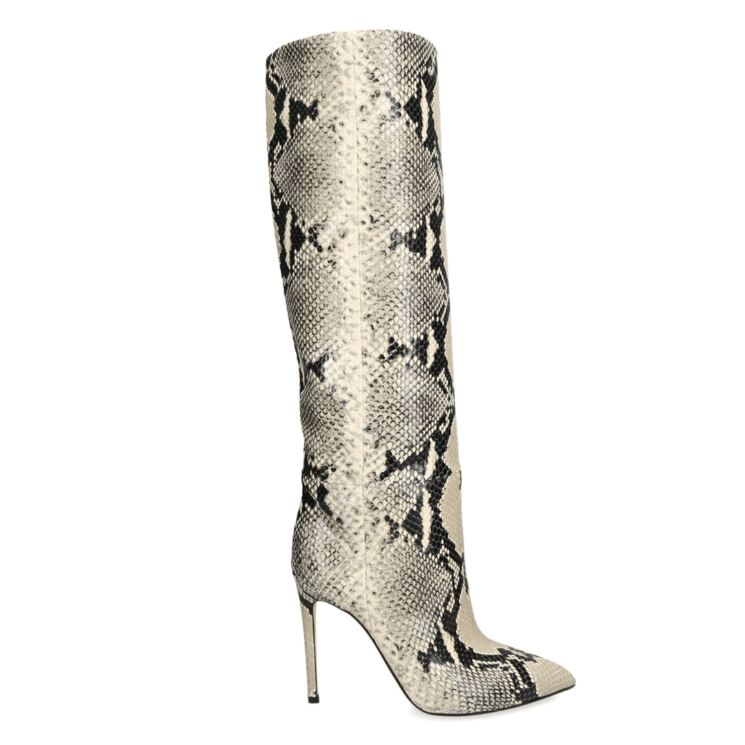 Paris Texas Multi Leather Python Print Knee-High Boots 105 against a white background