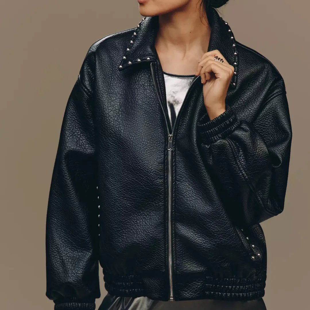 Pilcro Studded Faux-Leather Bomber Jacket