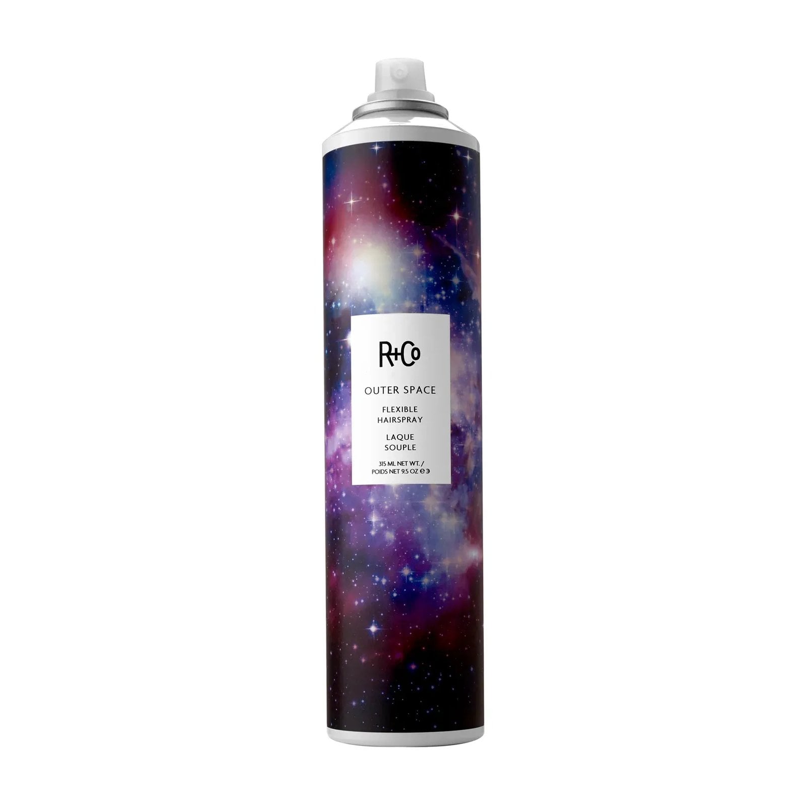 A bottle of the Outer Space Flexible Hairspray against a white background