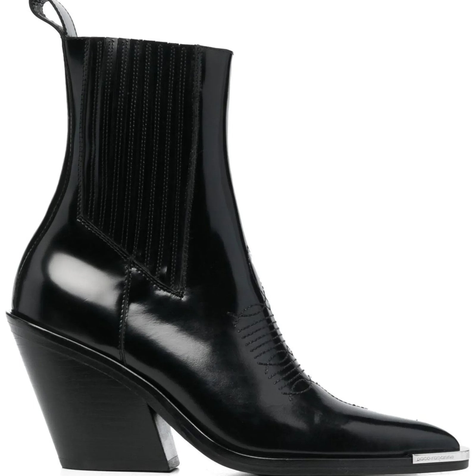 The Rabanne 95mm pointed-toe boots against a white background
