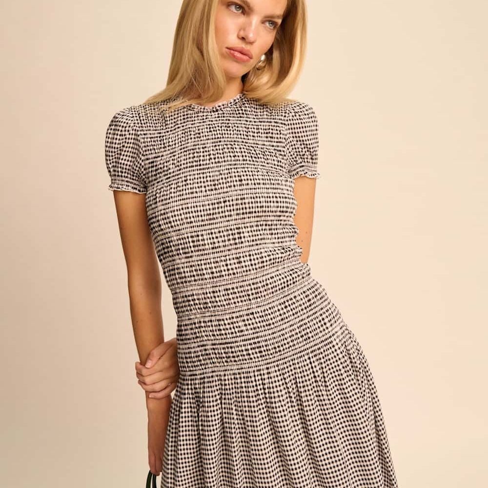 Brown and cream gingham Reformation Kiria Dress