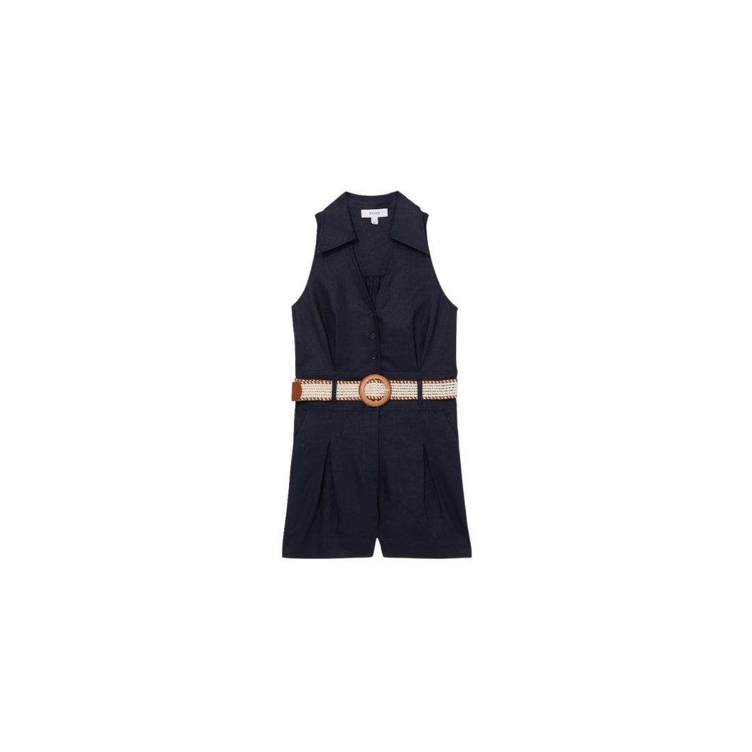 Reiss Anjie Linen Belted Collar Playsuit in Navy