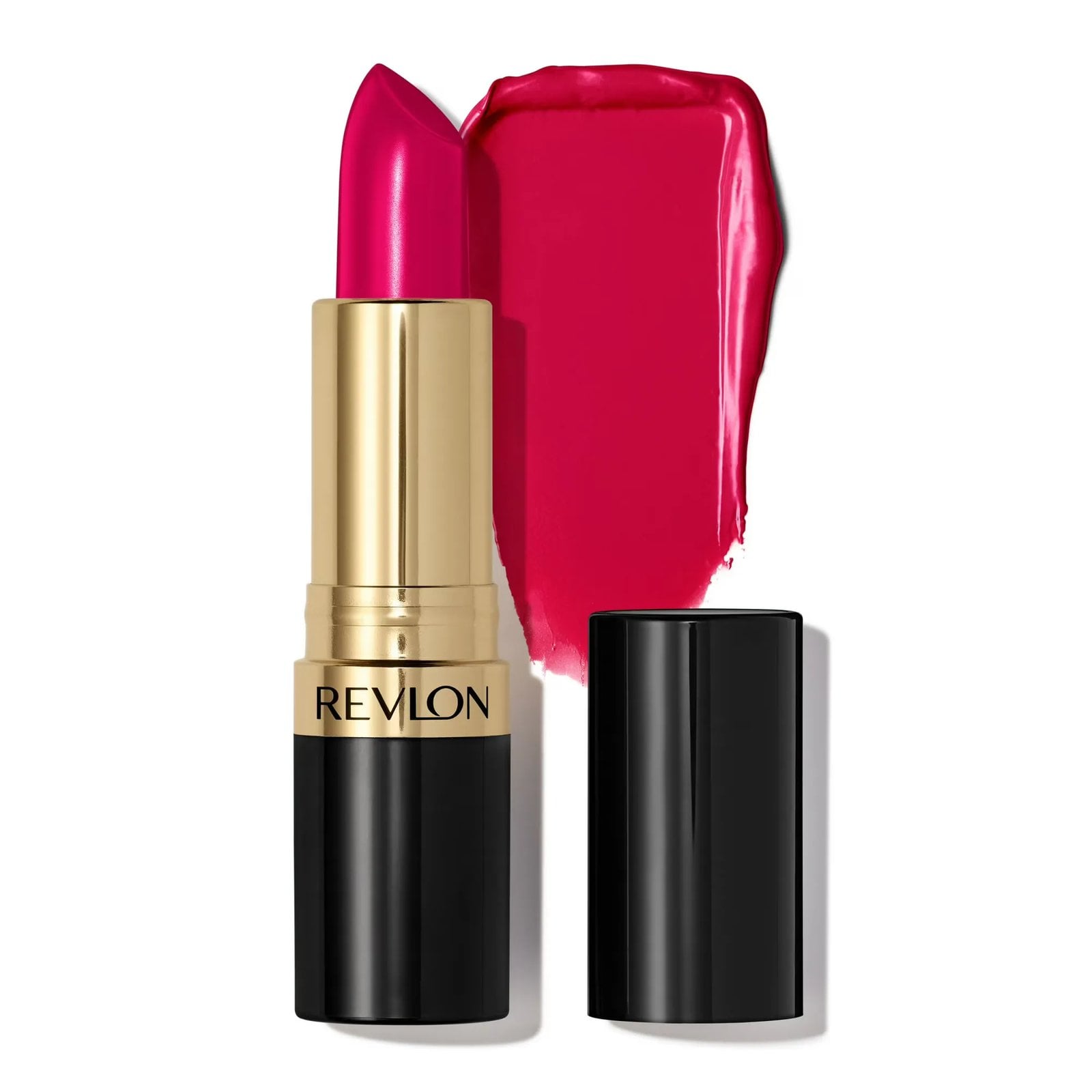 An open tube of Revlon Super Lustrous Creme Lipstick in Cherries in the Snow in front of a swatch of the lipstick