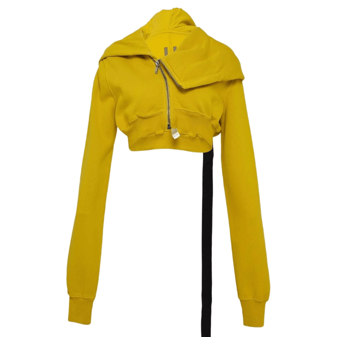 Rick Owens DRKSHDW Micro Mountain hoodie in a mustard yellow color against a white background