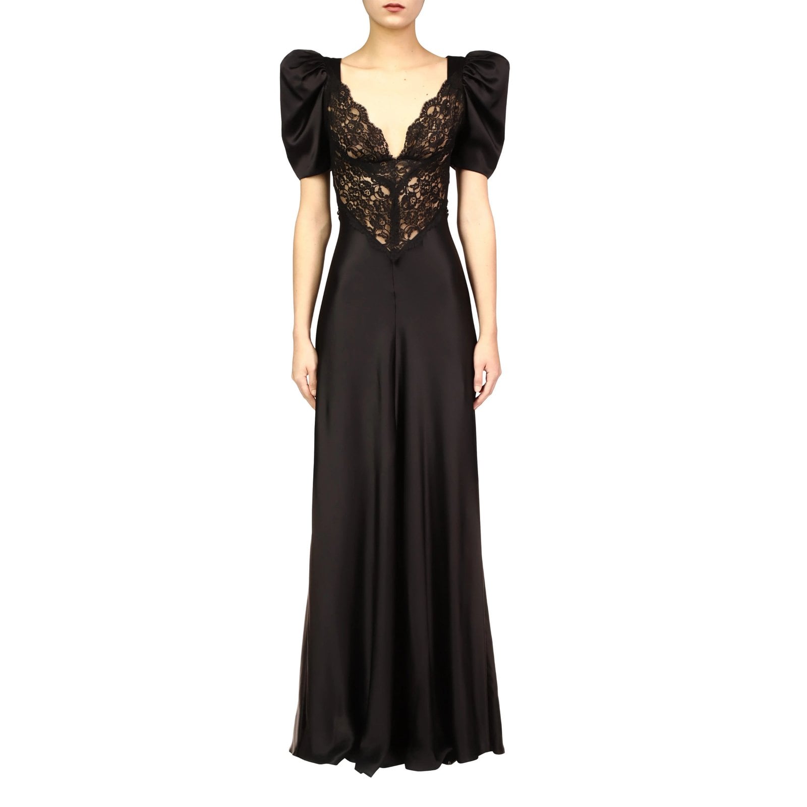 Rodarte BLACK SILK SHORT SLEEVE GOWN WITH BLACK LACE DETAILS
