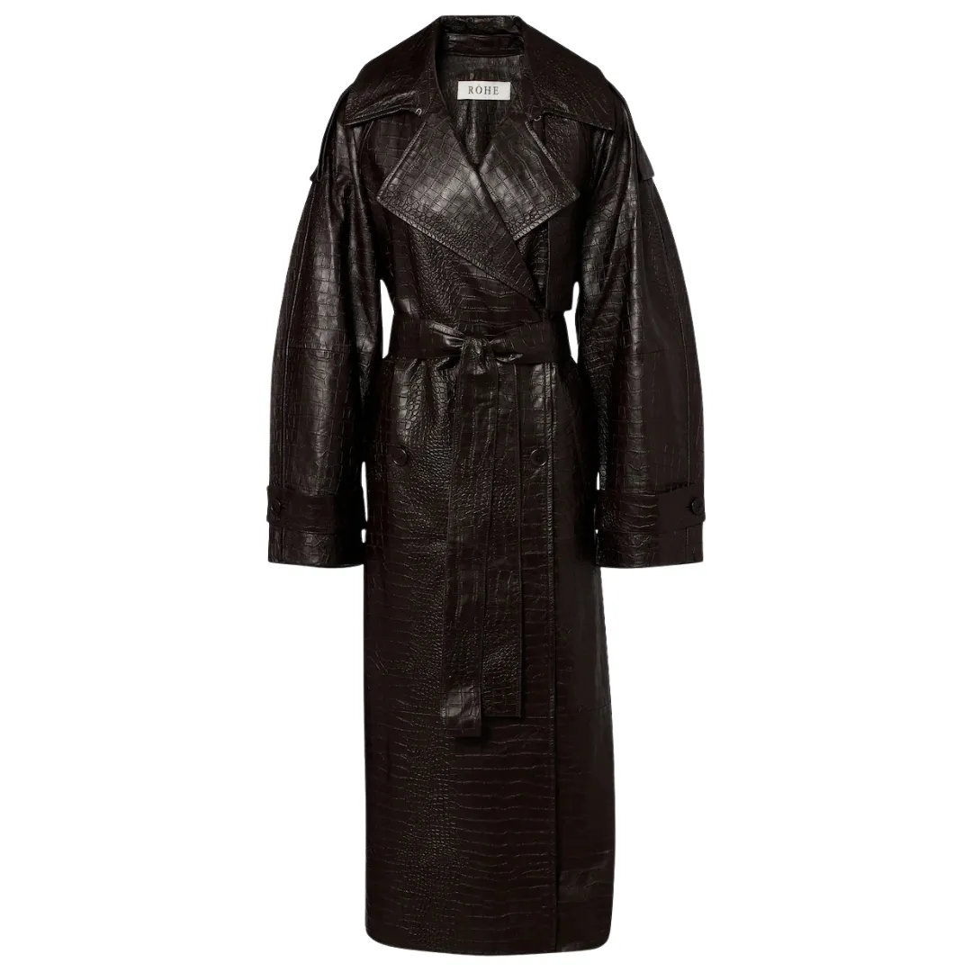 The Rohé Crocodile-effect leather trench coat in a dark brown color against a white background.