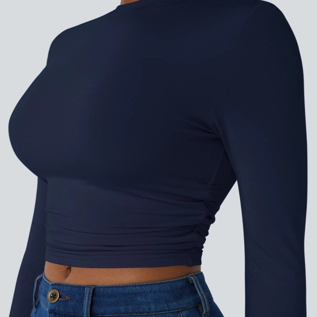 Round Neck Long Sleeve Ruched Skinny Cropped Casual Top