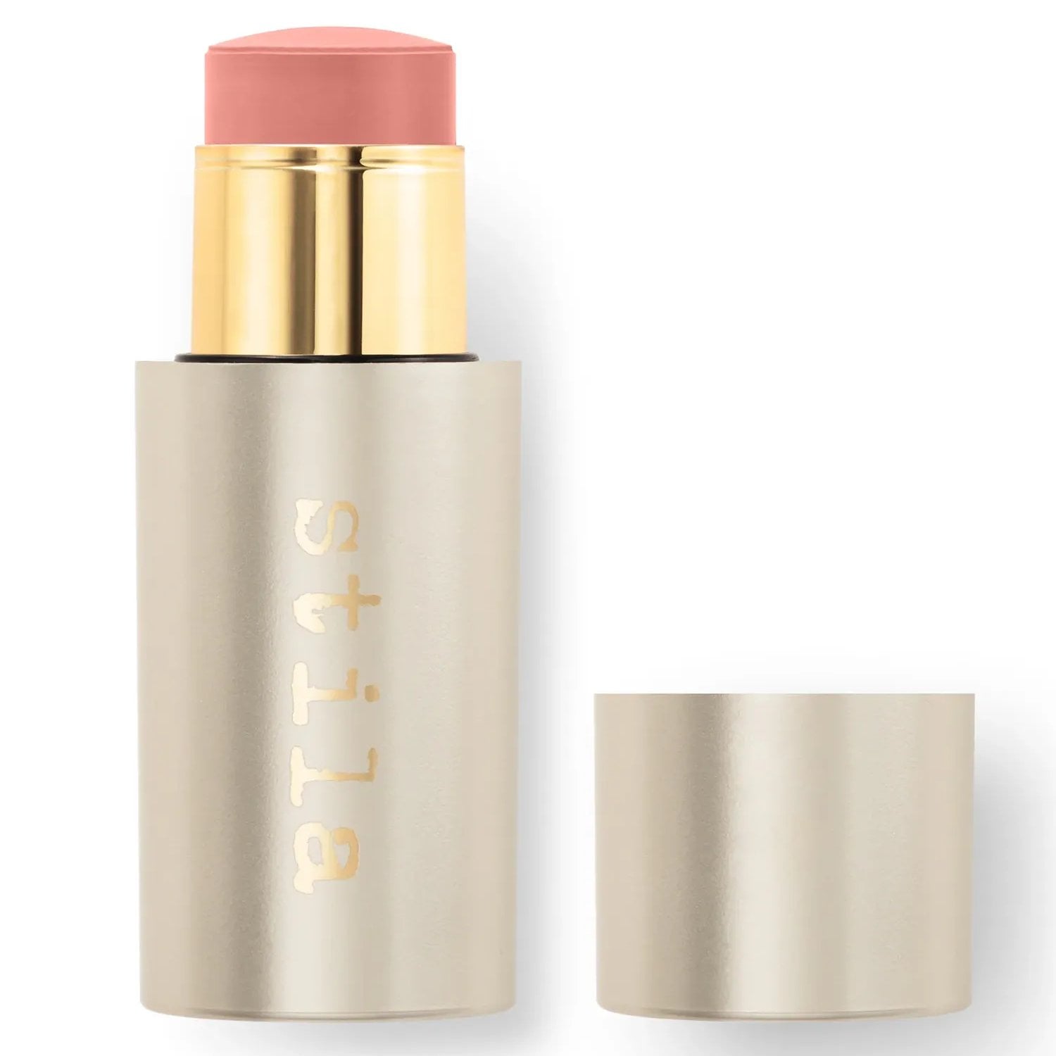 an open tube of a peach-colored cream blush against a white background