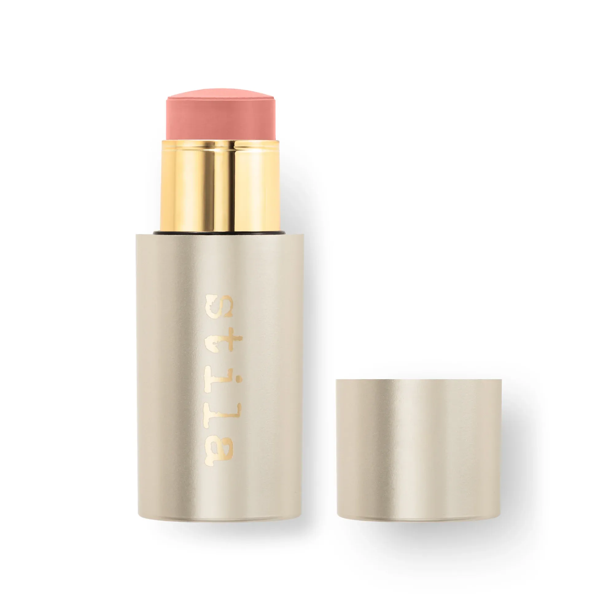 an open tube of a peach-colored cream blush against a white background