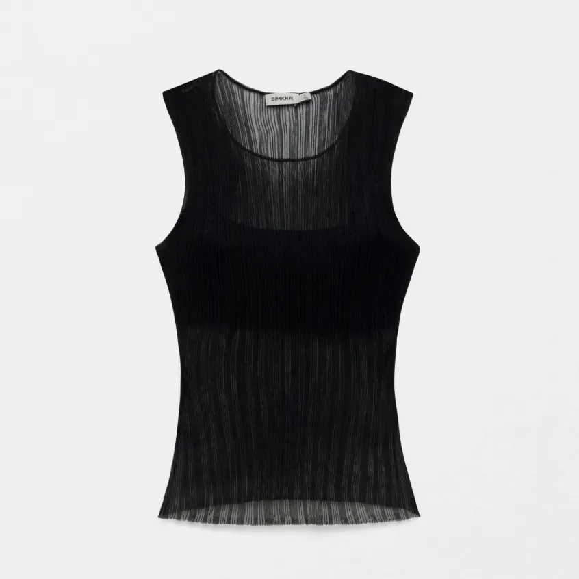 black sheer plisse tank top against a light gray background