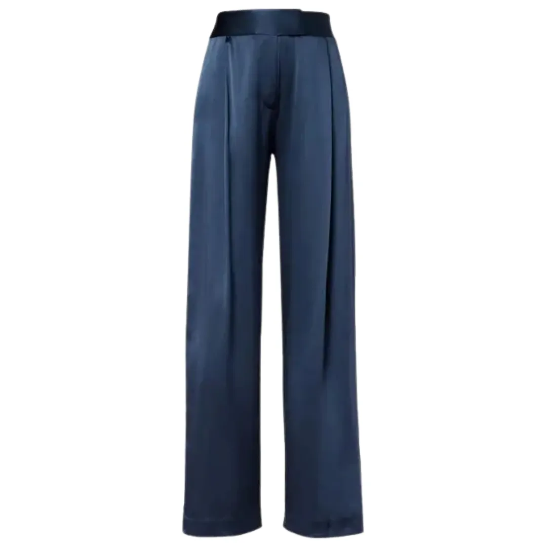The Sei High-rise silk wide-leg pants in a navy blue against a white background
