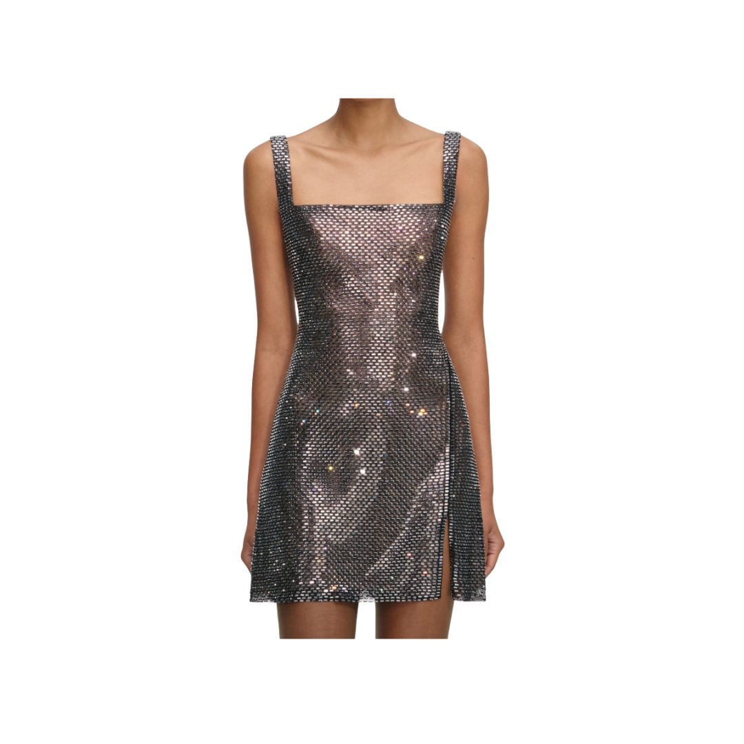 Self Portrait Gunmetal Rhinestone Mesh Mini Dress