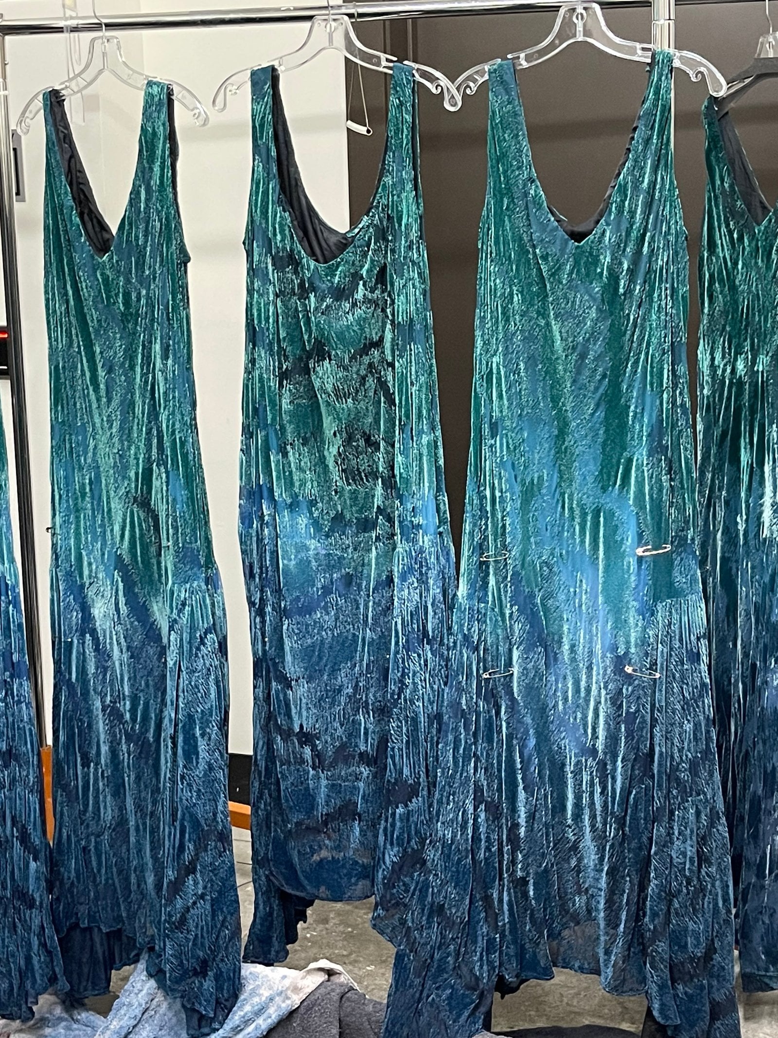 Behind the scenes blue dresses for "Sinners."