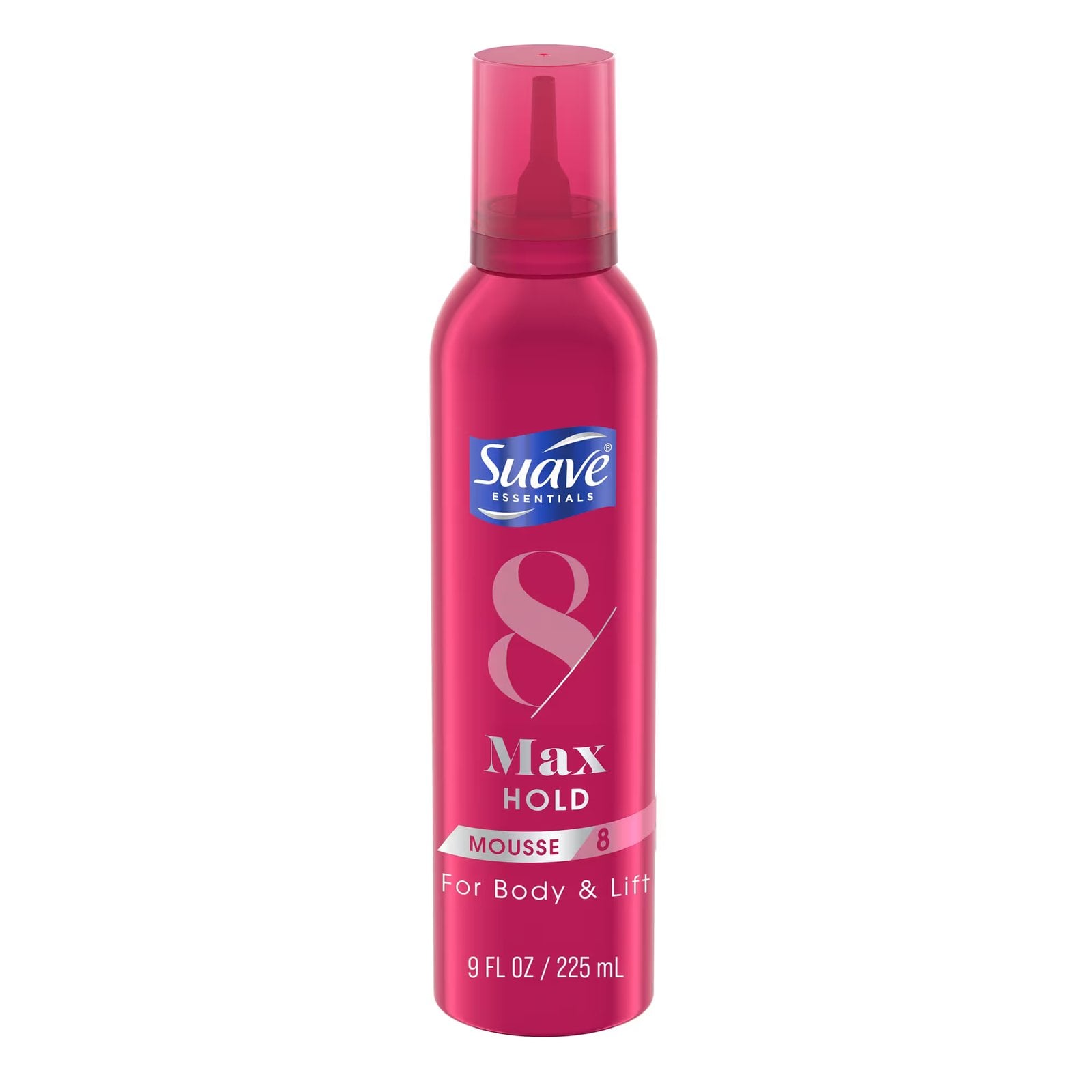 A bottle of Suave Max Hold Volumizing Hair Mousse For Body & Volume against a light gray backgroudn