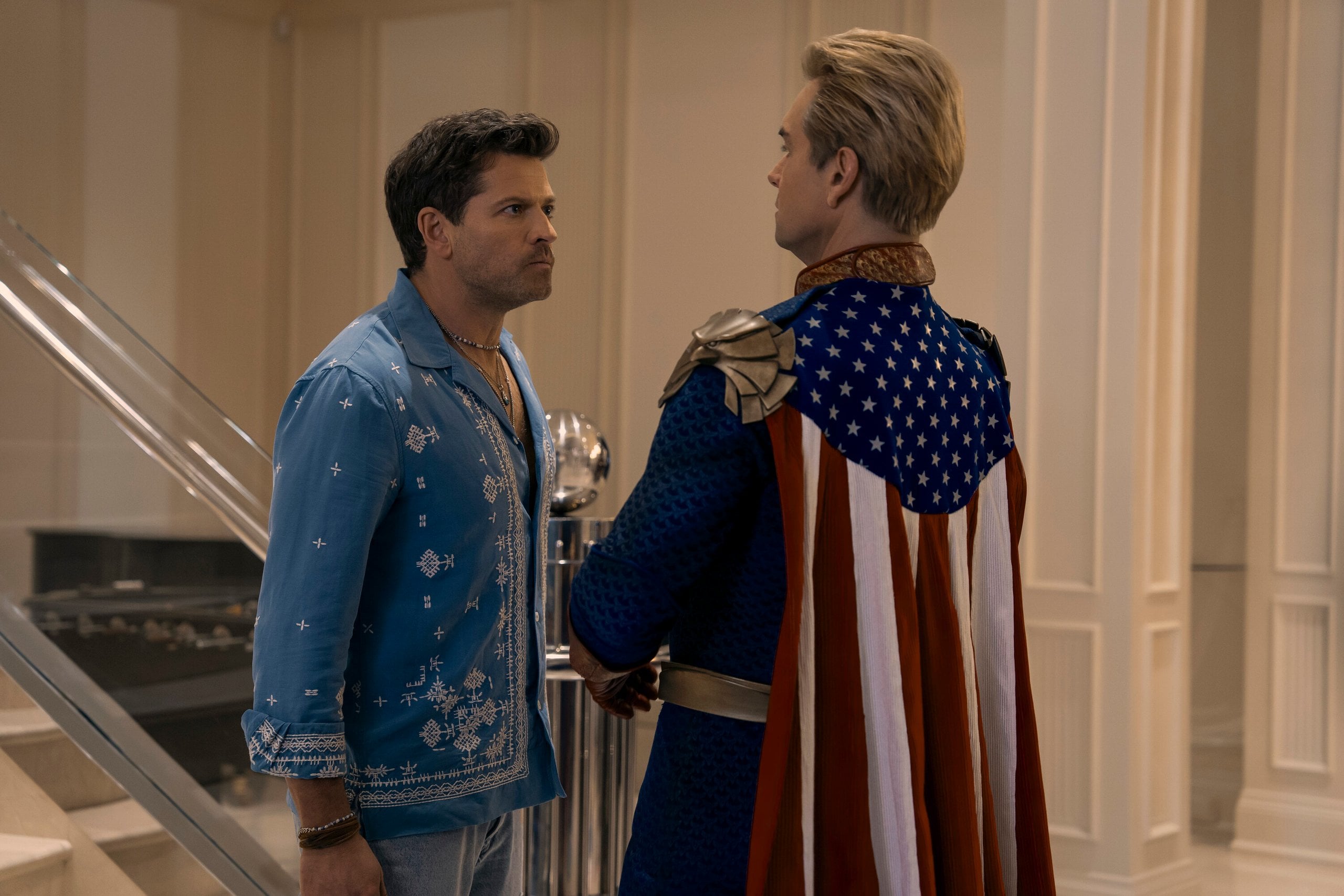 Castiel (Misha Collins) and Homelander (Antony Starr) in "The Boys"