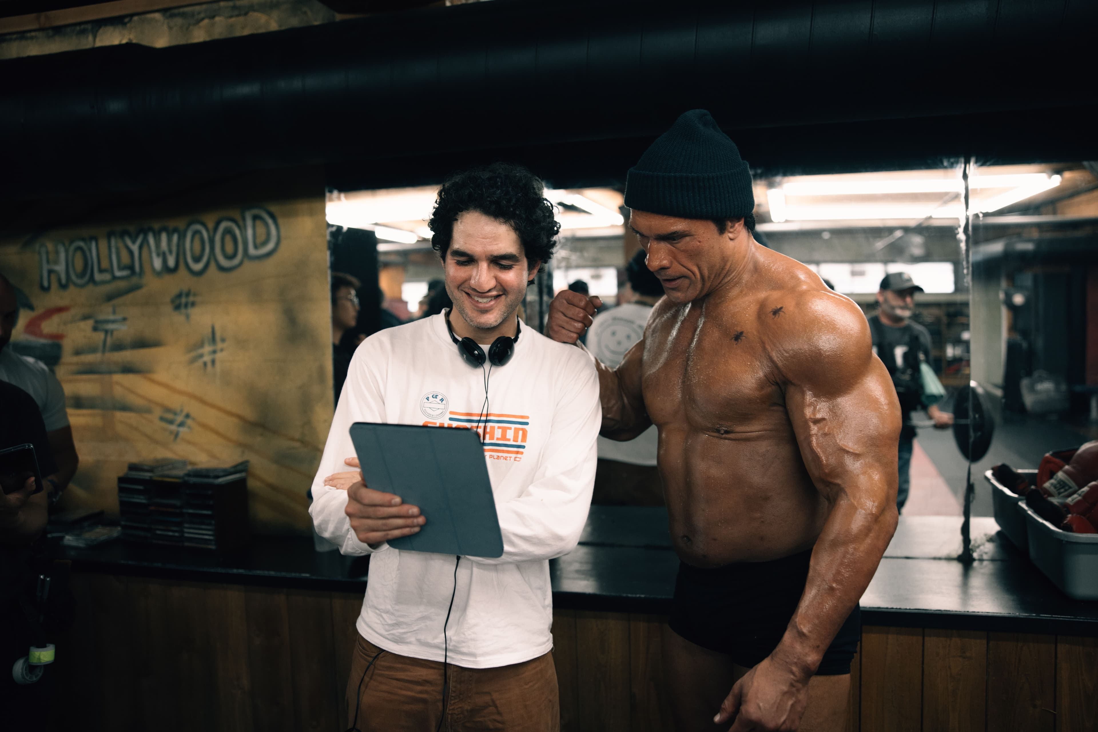 Benny Safdie and Dwayne Johnson in "The Smashing Machine."