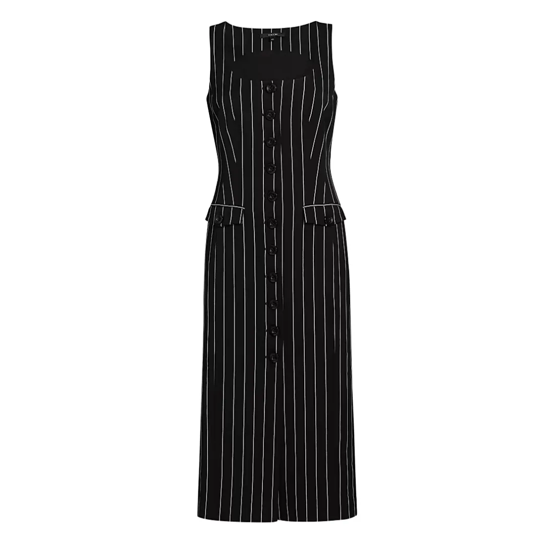 The Toccin Raven Striped Sleeveless Midi-Dress against a white background