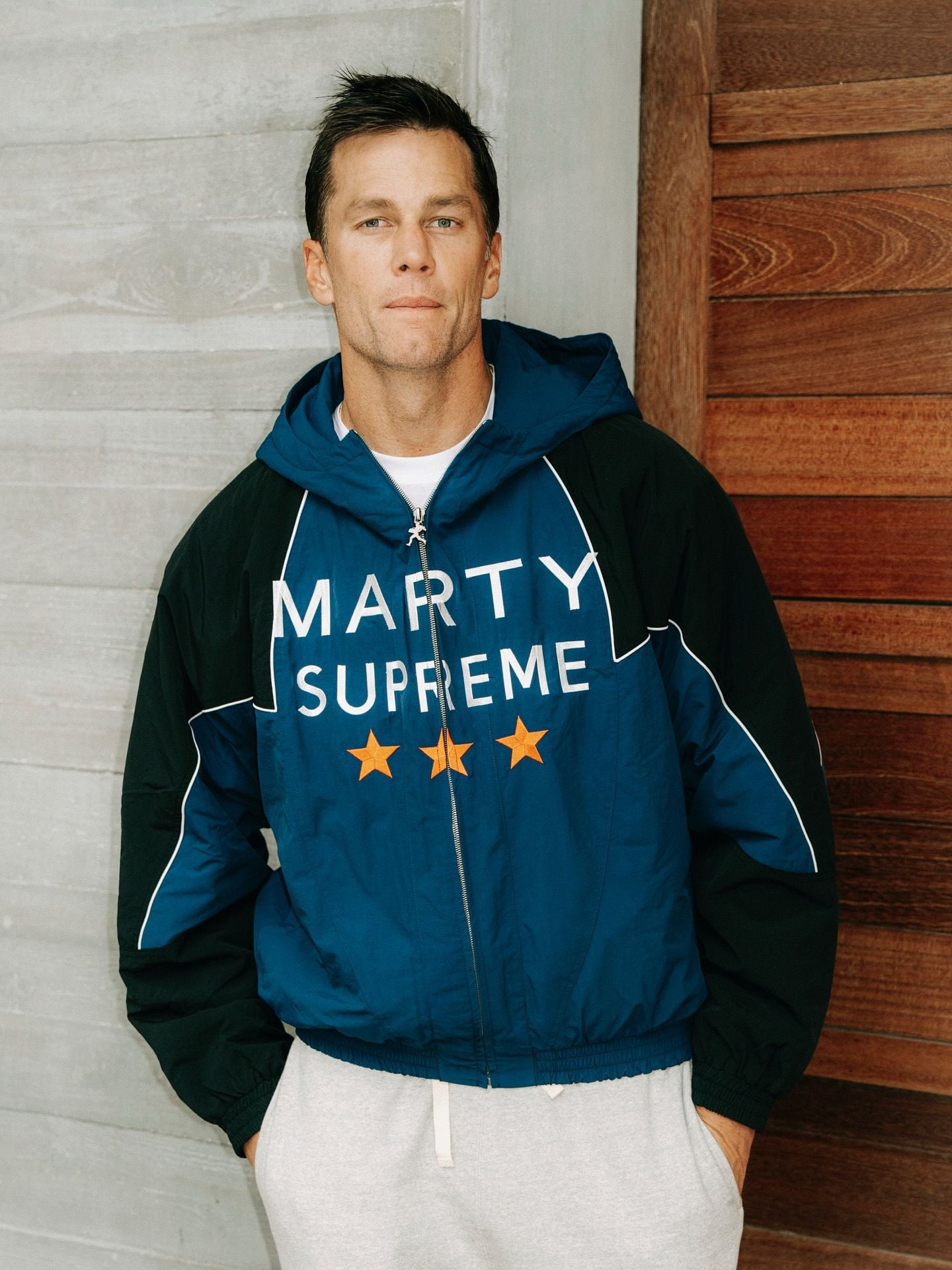 Tom Brady in the "Marty Supreme" Nahmias windbreaker.