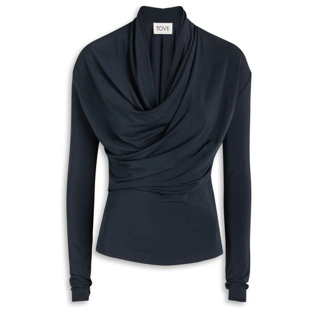 The Tove Fina draped jersey top in navy against a white background