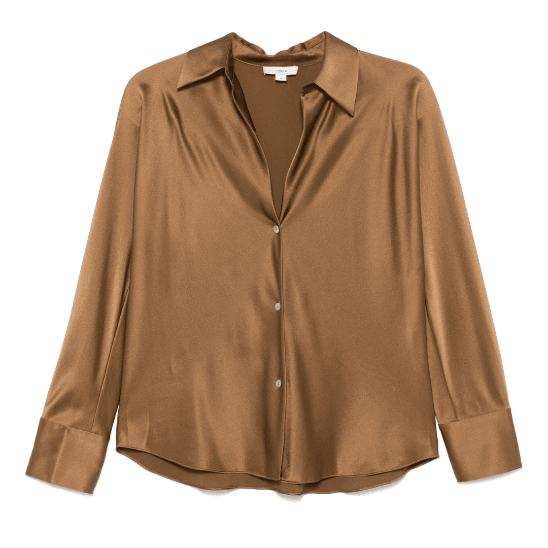 The Vince Silk Bias Long-Sleeve Blouse in gold against a white background