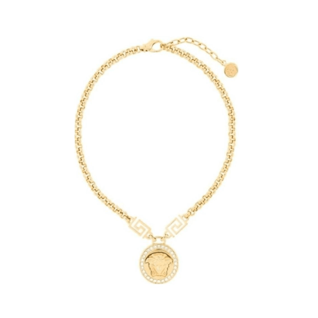 The Versace Medusa Greca Embellished Chained Necklace against a white background