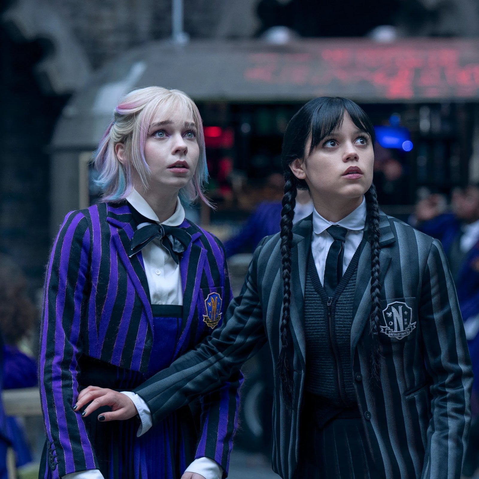 Emma Myers and Jenna Ortega in "Wednesday" season two.