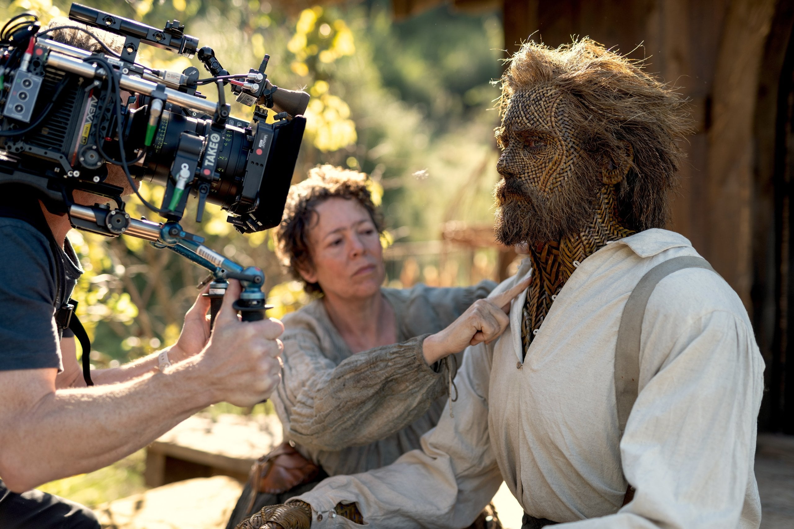 Olivia Colman and Alexander Skarsgård on the set of "Wicker."