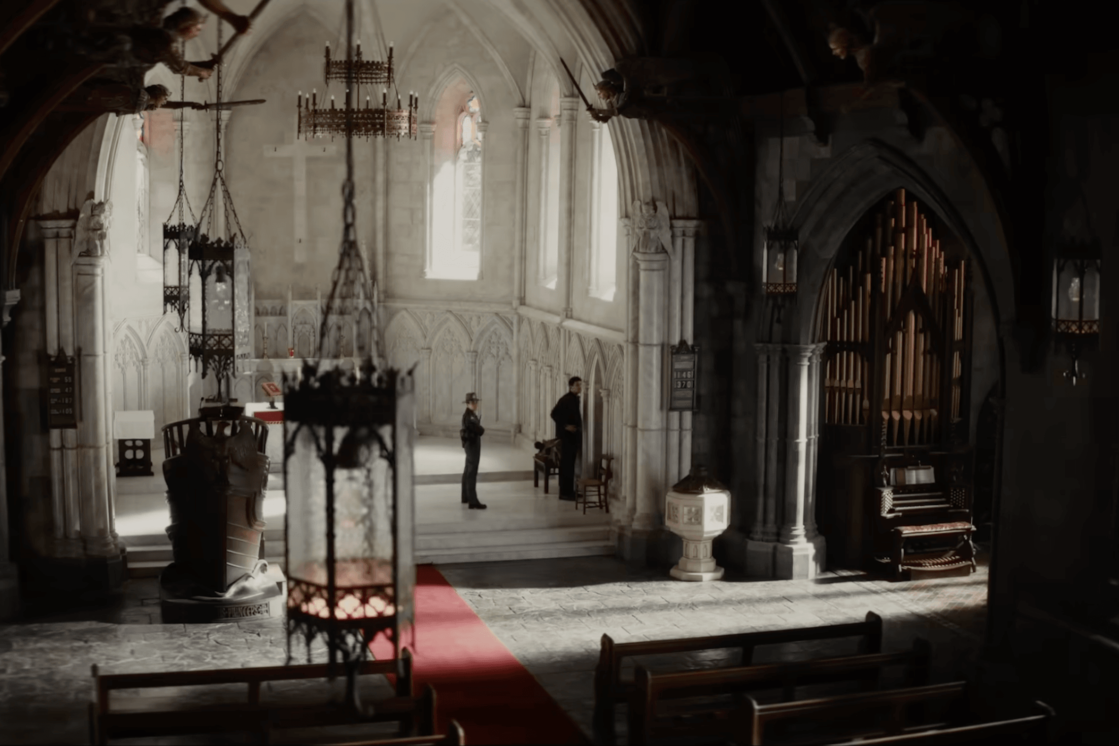 High angle shot of interior of church in "Wake Up Dead Man: A Knives Out Mystery."