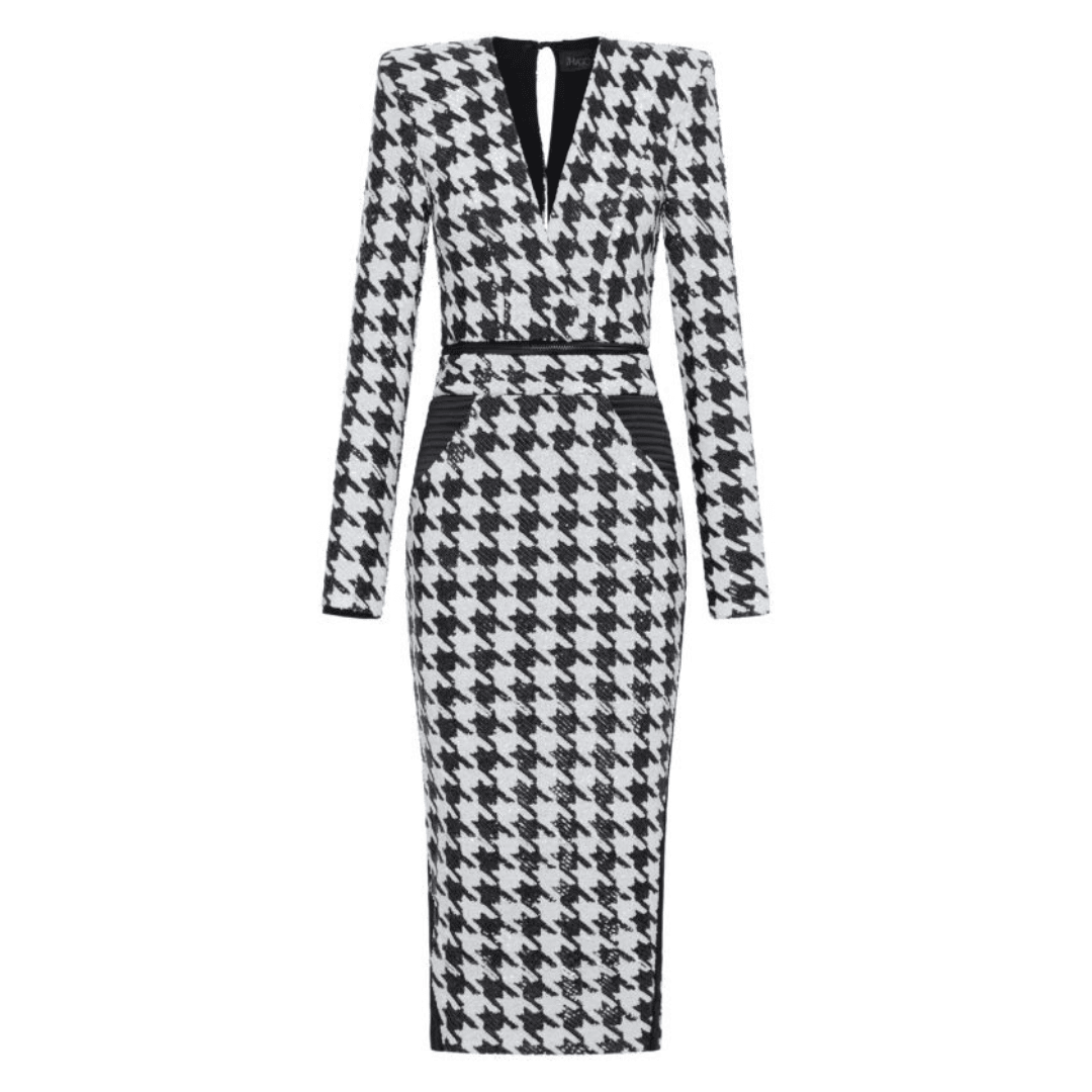 The black-and-white houndstooth Zhivago Hey You 3 Way Dress against a white background