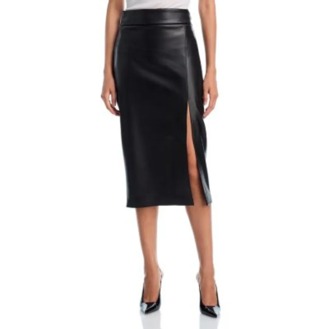 The bottom half of a model wearing the AQUA Faux Leather Midi Skirt